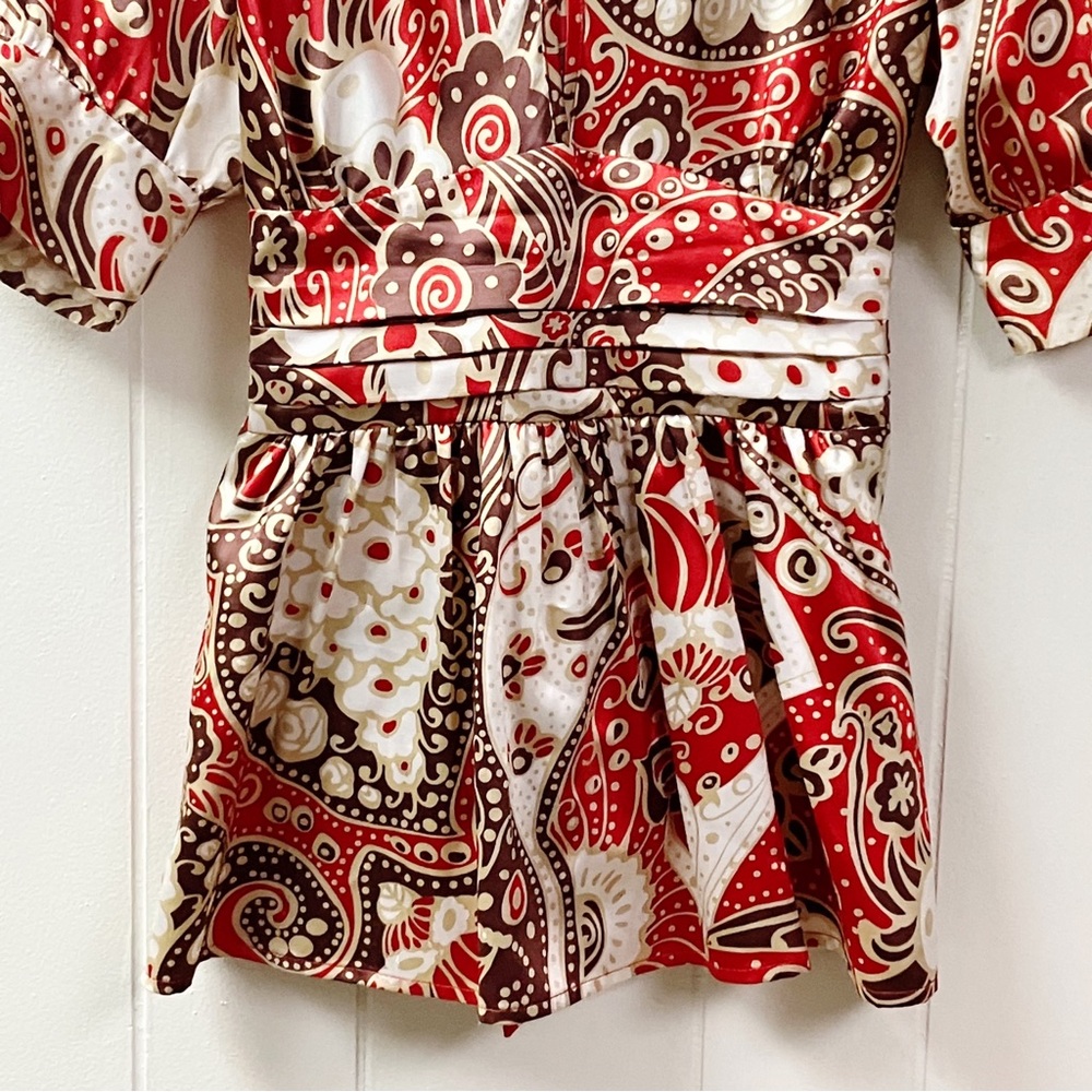 Y2K BCBGMAXAZRIA Floral Blouse Satin Puff Sleeve SZ Medium Whimsical Feminine - Picture 4 of 11